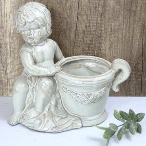 Indoor Planter Flower Pot Cherub with Pot White Wash Glaze over Stoneware Greek